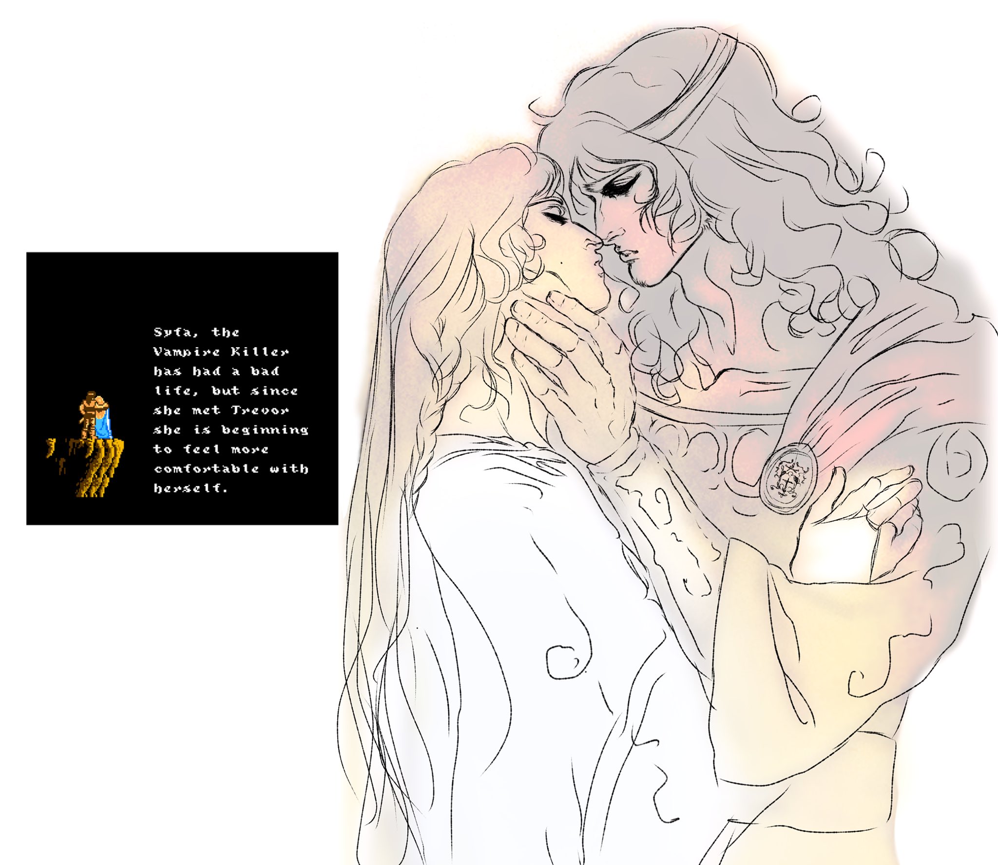 sypha belnades, trevor c. belmont, castlevania (series), highres, 1boy, 1girl, blonde hair, braid, bridal gauntlets, brown hair, cloak, couple, dress, game screenshot inset, hand on another's neck, hetero, imminent kiss, lockhartpng, long hair, maid headdress, parted lips, red cloak, side braid, sketch, upper body, white background, white dress