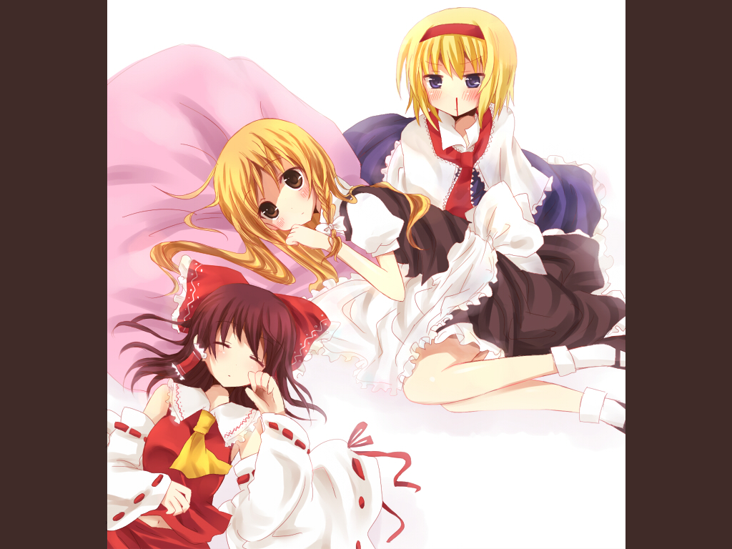 hinase haruka, alice margatroid, hakurei reimu, kirisame marisa, touhou, bad id, bad pixiv id, 3girls, blonde hair, blood, brown hair, detached sleeves, female focus, japanese clothes, lying, miko, multiple girls, navel, nosebleed, on back, on side, pillow, ribbon, skirt, sleeping, white background