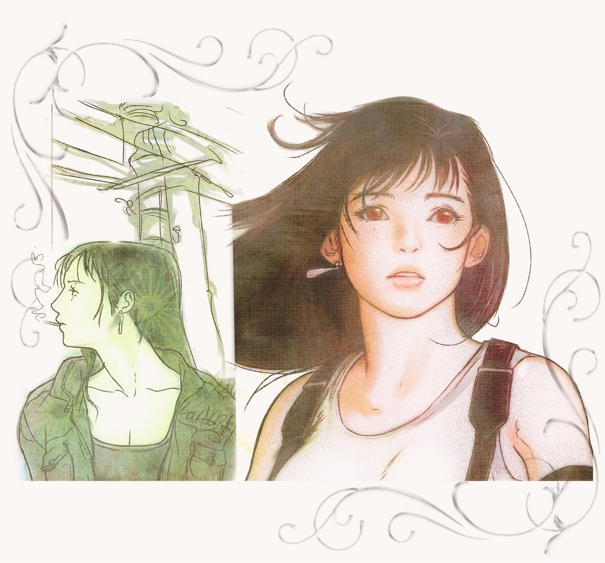 tifa lockhart, final fantasy, final fantasy vii, highres, 1girl, alternate costume, bare shoulders, black gloves, black hair, black jacket, black shirt, breasts, cigarette, earrings, elbow gloves, gloves, jacket, jewelry, lockhartpng, long hair, looking to the side, medium breasts, multiple views, parted lips, red eyes, shirt, single earring, sketch, sleeveless, sleeveless shirt, smoking, solo, suspenders, upper body, white shirt