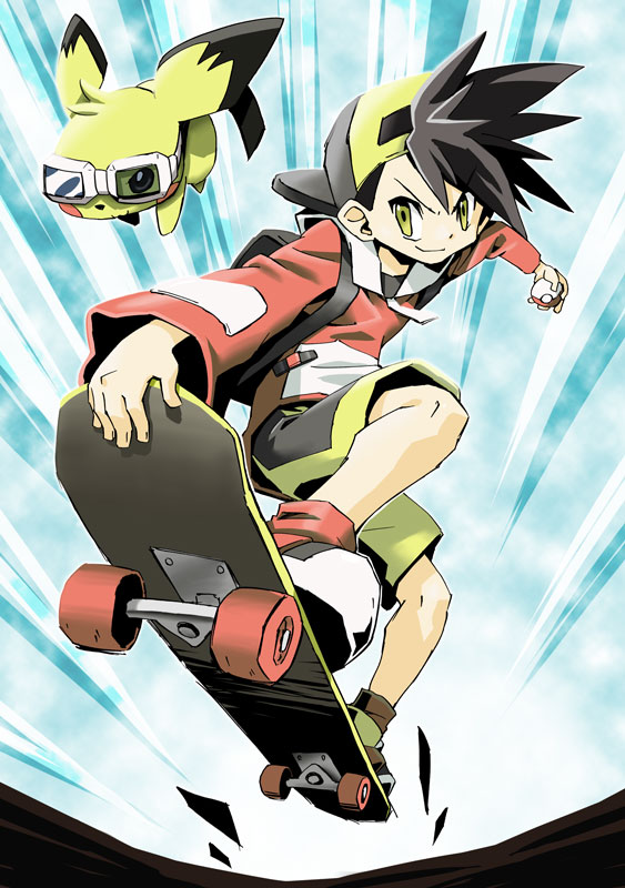 tendoast, ethan (pokemon), hairy pichu, pichu, pikachu, nintendo, pokemon, pokemon adventures, 1boy, backpack, bag, baseball cap, black hair, gen 1 pokemon, gen 2 pokemon, goggles, hat, holding, holding poke ball, hood, hoodie, male focus, poke ball, pokemon (creature), randoseru, shorts, skateboard, spiked hair, yellow eyes