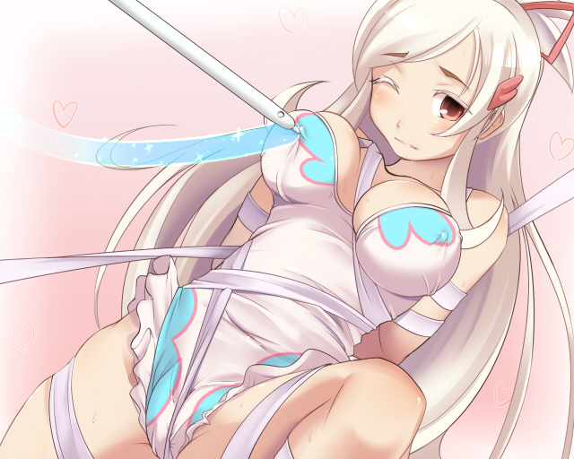 painpa, haori kureha, doki doki majo shinpan, 1girl, bdsm, blush, bondage, bound, breasts, covered erect nipples, female focus, frills, gymnastics, large breasts, leotard, one eye closed, poking, poking another's breast, rhythmic gymnastics, ribbon, ribbon baton, solo, stylus, white hair, wink