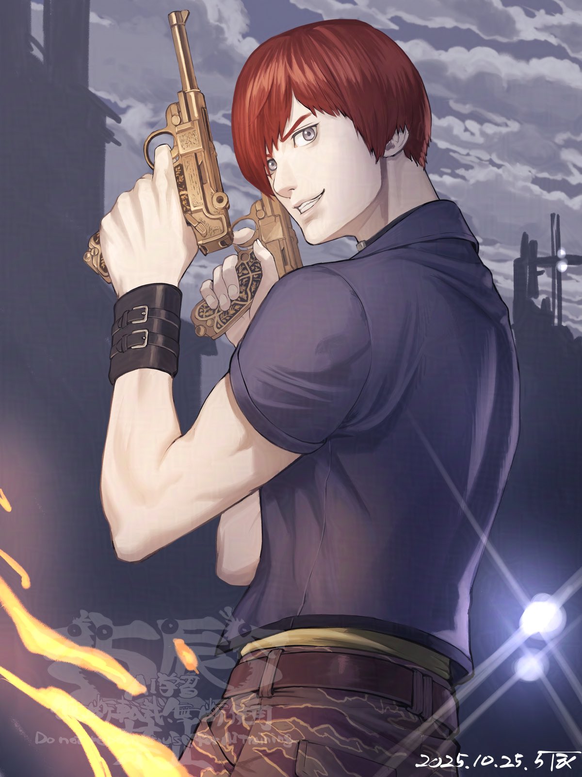 5tatsu, steve burnside, resident evil, resident evil – code: veronica, highres, 1boy, artist name, belt, black wrist cuffs, brown belt, camouflage, camouflage pants, cloud, cloudy sky, cowboy shot, dated, dual wielding, fire, green eyes, grey jacket, gun, handgun, holding, holding gun, holding weapon, jacket, male focus, pants, parted lips, red eyes, shirt, short hair, short sleeves, sky, smile, solo, teeth, weapon, wrist cuffs, yellow shirt