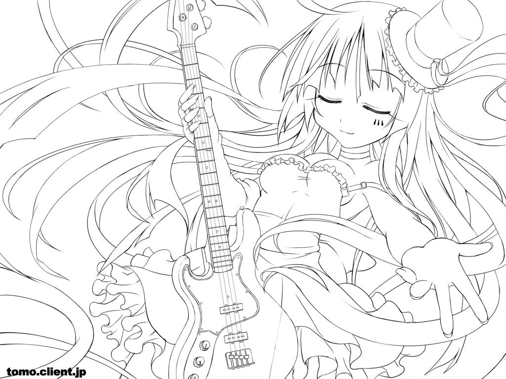kitahara tomoe (kitahara koubou), akiyama mio, k-on!, bad id, bad pixiv id, 00s, 1girl, bass guitar, closed eyes, female focus, fingerless gloves, gloves, greyscale, hat, instrument, lineart, monochrome, solo