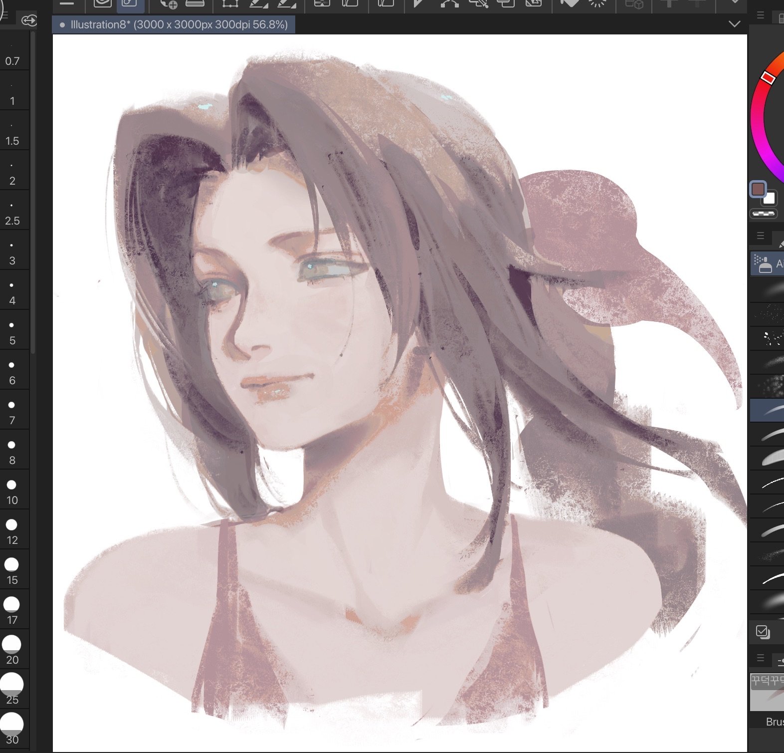 lyrah, aerith gainsborough, final fantasy, final fantasy vii, highres, 1girl, art program in frame, bare shoulders, braid, braided ponytail, brown hair, closed mouth, collarbone, dress, hair ribbon, light smile, long hair, parted bangs, pink dress, pink lips, pink ribbon, ribbon, sidelocks, single braid, sketch, solo, upper body, white background