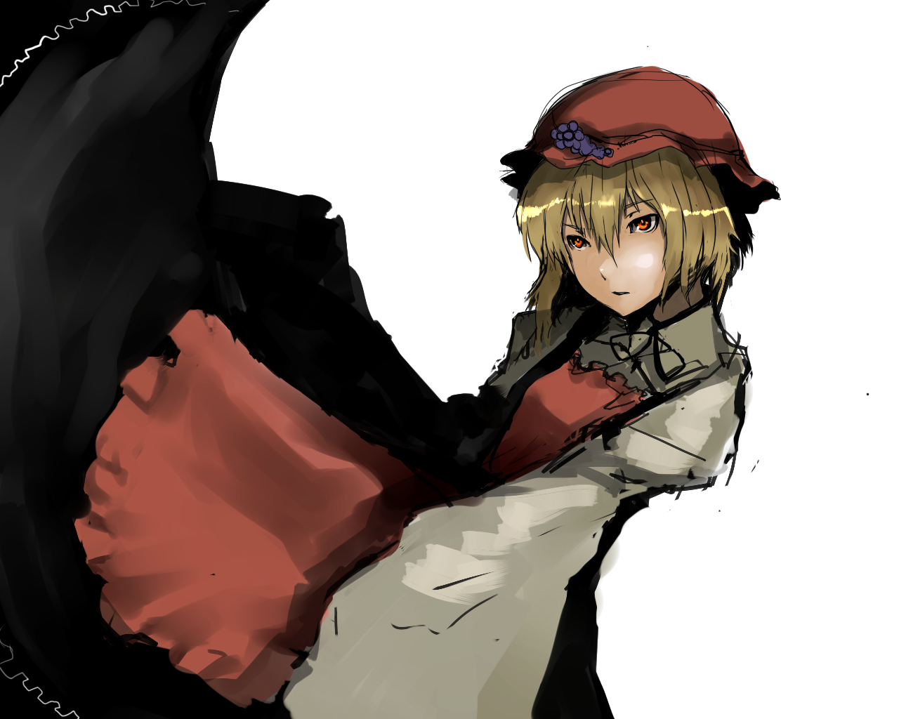 un-known (ninesix), aki minoriko, touhou, bad id, bad pixiv id, 1girl, blonde hair, female focus, hat, short hair, simple background, solo, white background