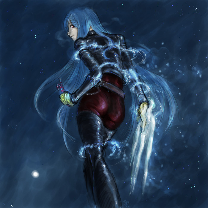 kula diamond, snk, the king of fighters, 1girl, blue hair, candy, cryokinesis, female focus, food, ice, red eyes, solo