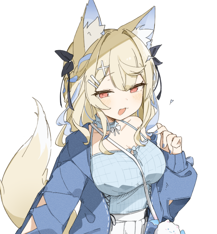 tntl nemui, fuwawa abyssgard, hololive, hololive english, commentary, hashtag-only commentary, 1girl, :d, animal ear fluff, animal ears, arm cutout, black bow, blonde hair, blue camisole, blue cardigan, blue choker, blue hair, blue nails, blue streaks, blush, bow, bowtie, breasts, camisole, cardigan, choker, cleavage, clothing cutout, collarbone, colored inner animal ears, crossed bangs, dog ears, dog girl, dog tail, dot nose, double-parted bangs, frilled choker, frills, hair between eyes, hair bow, hair intakes, hair ornament, hairclip, hand up, heart, large breasts, long hair, long sleeves, looking at viewer, multicolored hair, nail polish, narrowed eyes, open cardigan, open clothes, open mouth, overskirt, parallel hairclips, pink eyes, pleated skirt, raised eyebrows, shirt tucked in, sidelocks, simple background, single bare shoulder, single off shoulder, skirt, sleeves past wrists, smile, solo, standing, streaked hair, tail, two-tone hair, upper body, white background, white bow, white bowtie, white skirt, x hair ornament