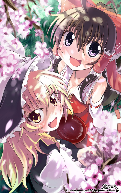 kitahara tomoe (kitahara koubou), hakurei reimu, kirisame marisa, bohemian archive in japanese red, touhou, bad id, bad pixiv id, 2girls, blonde hair, blush, brown hair, cherry blossoms, female focus, multiple girls