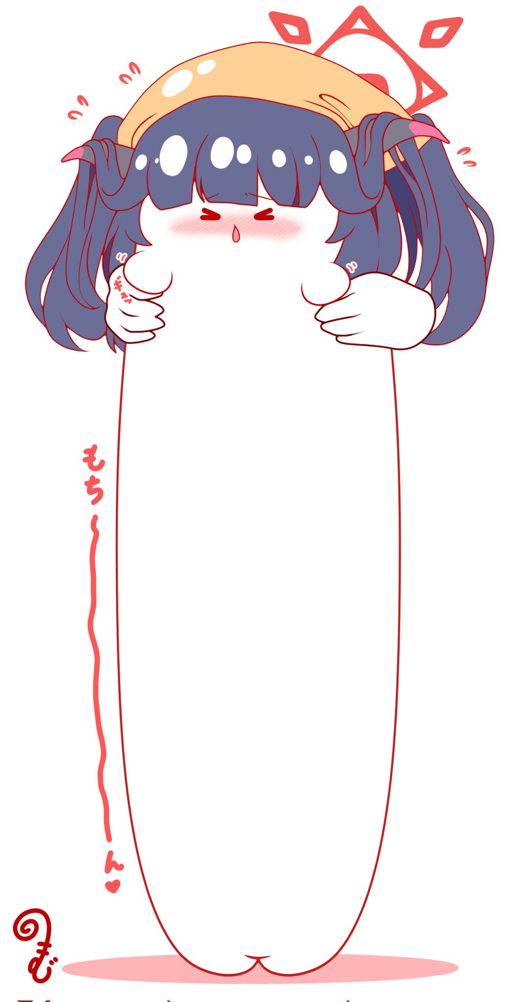 kurukurumagical, fuuka (blue archive), blue archive, commentary request, corrupted twitter file, highres, translation request, > <, black hair, blush, chestnut mouth, chibi, closed eyes, colored shadow, disembodied hand, facing viewer, flying sweatdrops, full body, halo, headscarf, horns, long hair, longcat (meme), meme, nose blush, parted lips, shadow, simple background, solo focus, twintails, white background