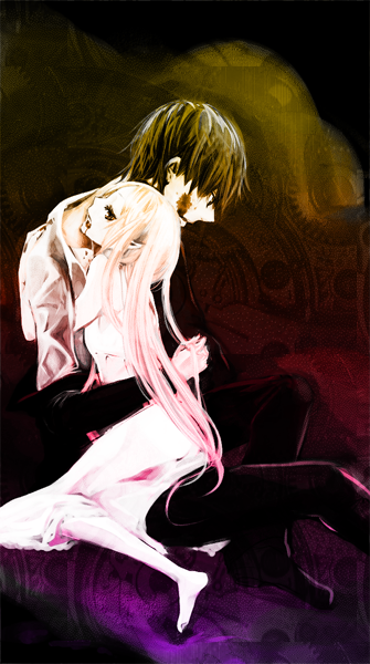 araragi koyomi, oshino shinobu, bakemonogatari, monogatari (series), 00s, 1boy, 1girl, barefoot, blonde hair, blood, dress, long hair, vampire, very long hair