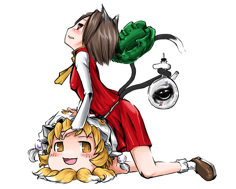 utauinu, chen, yakumo ran, touhou, bad id, bad pixiv id, 1girl, animal ears, blonde hair, bottle, brown hair, cat ears, cat girl, cat tail, female focus, fox tail, gap (touhou), hat, red eyes, short hair, simple background, solo, tail, unworn hat, unworn headwear, yellow eyes, yukkuri shiteitte ne