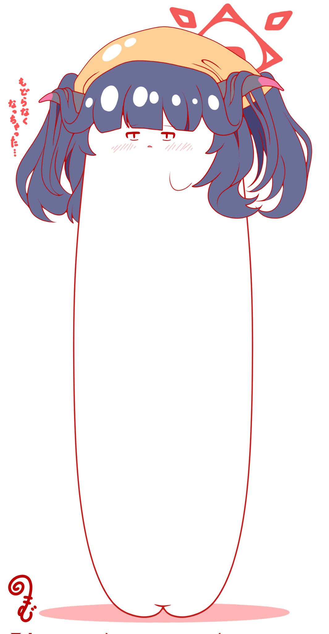 kurukurumagical, fuuka (blue archive), blue archive, corrupted twitter file, highres, translation request, black hair, blush, chibi, colored shadow, disembodied hand, full body, halo, headscarf, horns, long hair, longcat (meme), looking at viewer, meme, parted lips, shadow, simple background, solo, twintails, white background