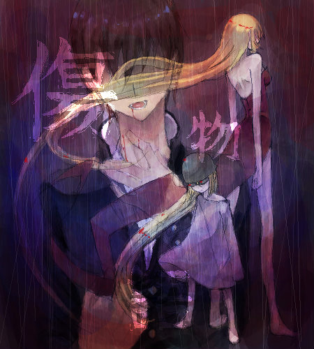 araragi koyomi, kiss-shot acerola-orion heart-under-blade, oshino shinobu, bakemonogatari, monogatari (series), lowres, 00s, 1boy, 2girls, barefoot, bite mark, black hair, blonde hair, blood, dress, goggles, helmet, long hair, multiple girls, vampire, very long hair