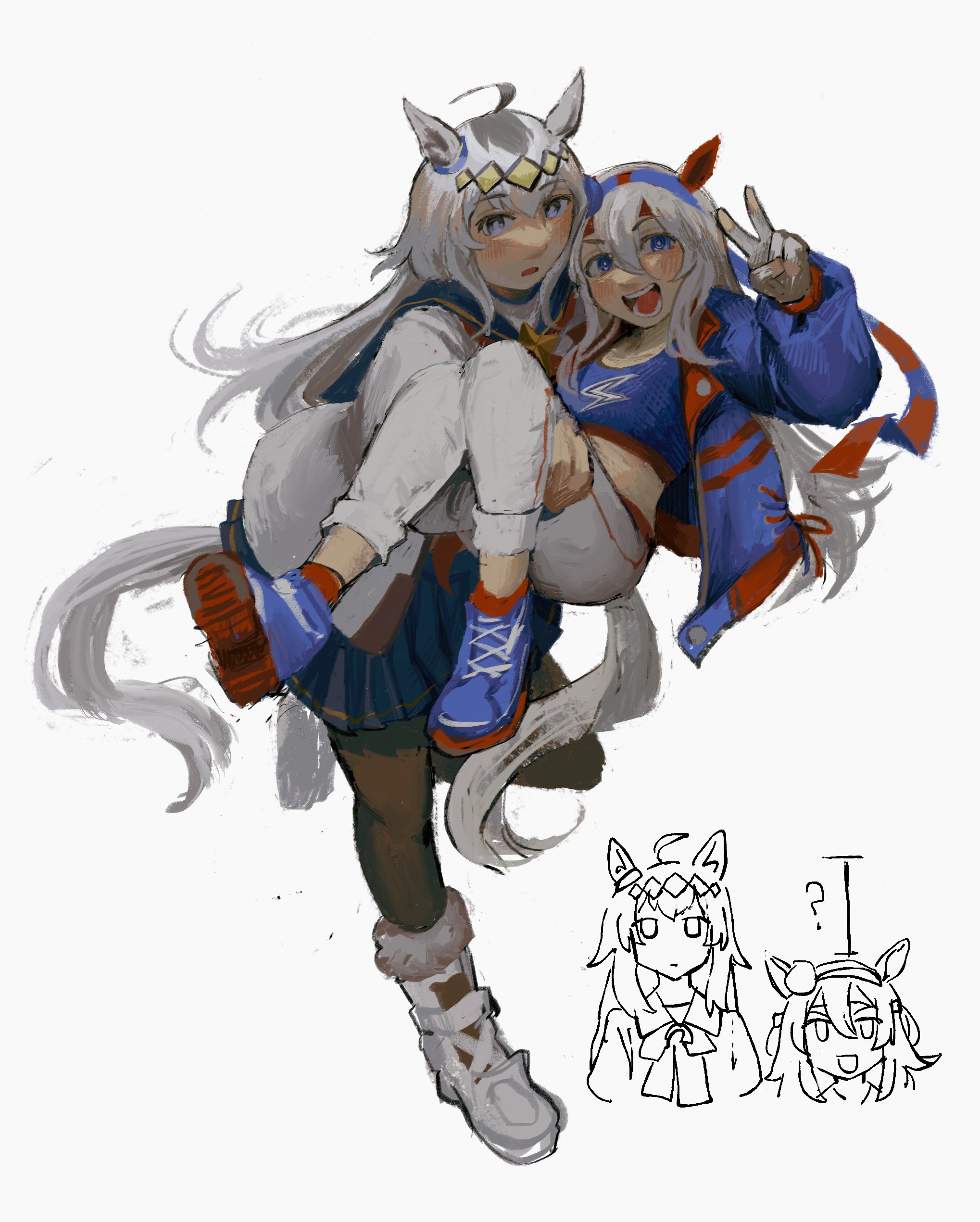 c-orgiis, oguri cap (starlight beat) (umamusume), oguri cap (umamusume), tamamo cross (umamusume), tamamo cross (with lightning speed) (umamusume), umamusume, umamusume: cinderella gray, absurdres, highres, 2girls, ?, ahoge, animal ears, black jacket, black leggings, black pantyhose, blue eyes, blue hairband, blue jacket, blue sailor collar, blue skirt, blue sports bra, blush, brooch, brown hair, carrying, carrying person, crop top, diamond hairband, ear covers, ear ornament, fingerless gloves, gloves, grey hair, grey tail, hair between eyes, hair ornament, hairband, headband, height difference, holding, horse ears, horse girl, horse tail, jacket, jewelry, leggings, lightning bolt print, lightning bolt symbol, long hair, long sleeves, looking at viewer, midriff, multicolored hair, multiple girls, neckerchief, open mouth, pants, pantyhose, princess carry, red headband, red neckerchief, sailor collar, shirt, simple background, skirt, smile, sports bra, star brooch, striped clothes, striped hairband, tail, teeth, v, very long hair, white background, white gloves, white pants, white shirt