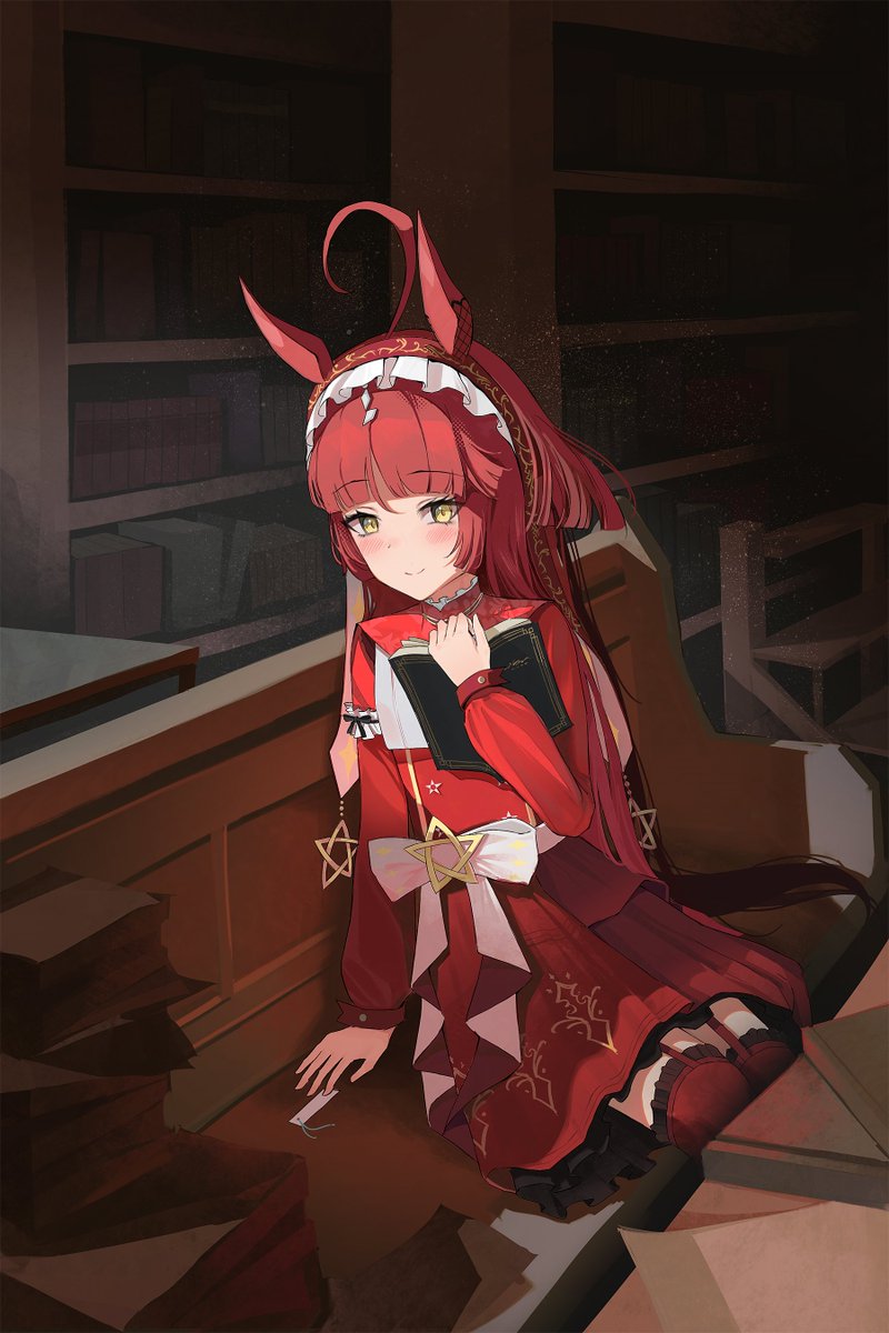 dev grater, red desire (umamusume), umamusume, highres, 1girl, ahoge, animal ears, blunt bangs, blunt ends, blunt sidelocks, blush, book, brown headdress, closed mouth, dress, frilled hairband, frills, hair between eyes, hairband, holding, holding book, horse ears, horse girl, horse tail, indoors, library, long hair, long sleeves, red dress, red hair, red hairband, red headdress, sidelocks, sitting, smile, solo, star ornament, tail, yellow eyes