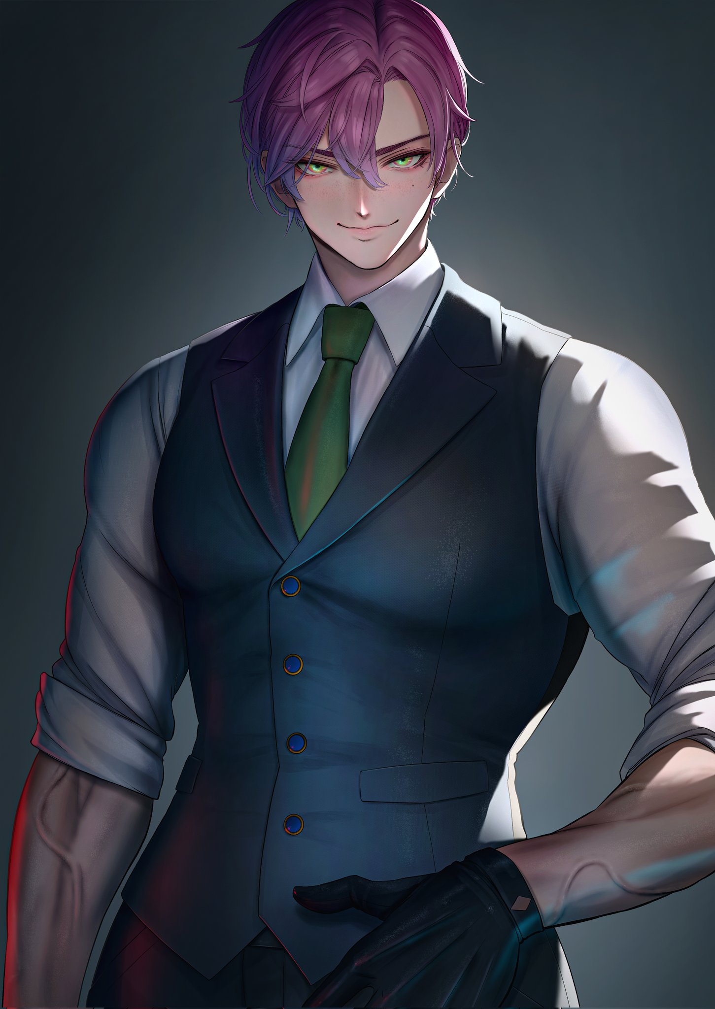 imizu (nitro unknown), vrchat, highres, 1boy, black gloves, gloves, green eyes, looking at viewer, male focus, mole, mole under eye, necktie, pink hair, short hair, sleeves rolled up, smile, veins, veiny arms, vest