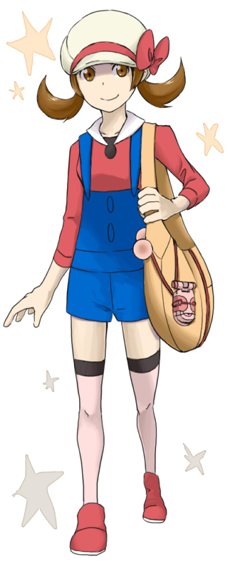 ko kuro, kokuro (kosyari), lyra (pokemon), nintendo, pokemon, pokemon hgss, bad id, bad pixiv id, long image, tall image, 00s, 1girl, bag, brown eyes, brown hair, cellphone, female focus, hat, hat ribbon, messenger bag, newsboy cap, overalls, phone, pokegear, red ribbon, ribbon, short twintails, shoulder bag, simple background, smile, socks, solo, star (symbol), thighhighs, twintails, walking, white background