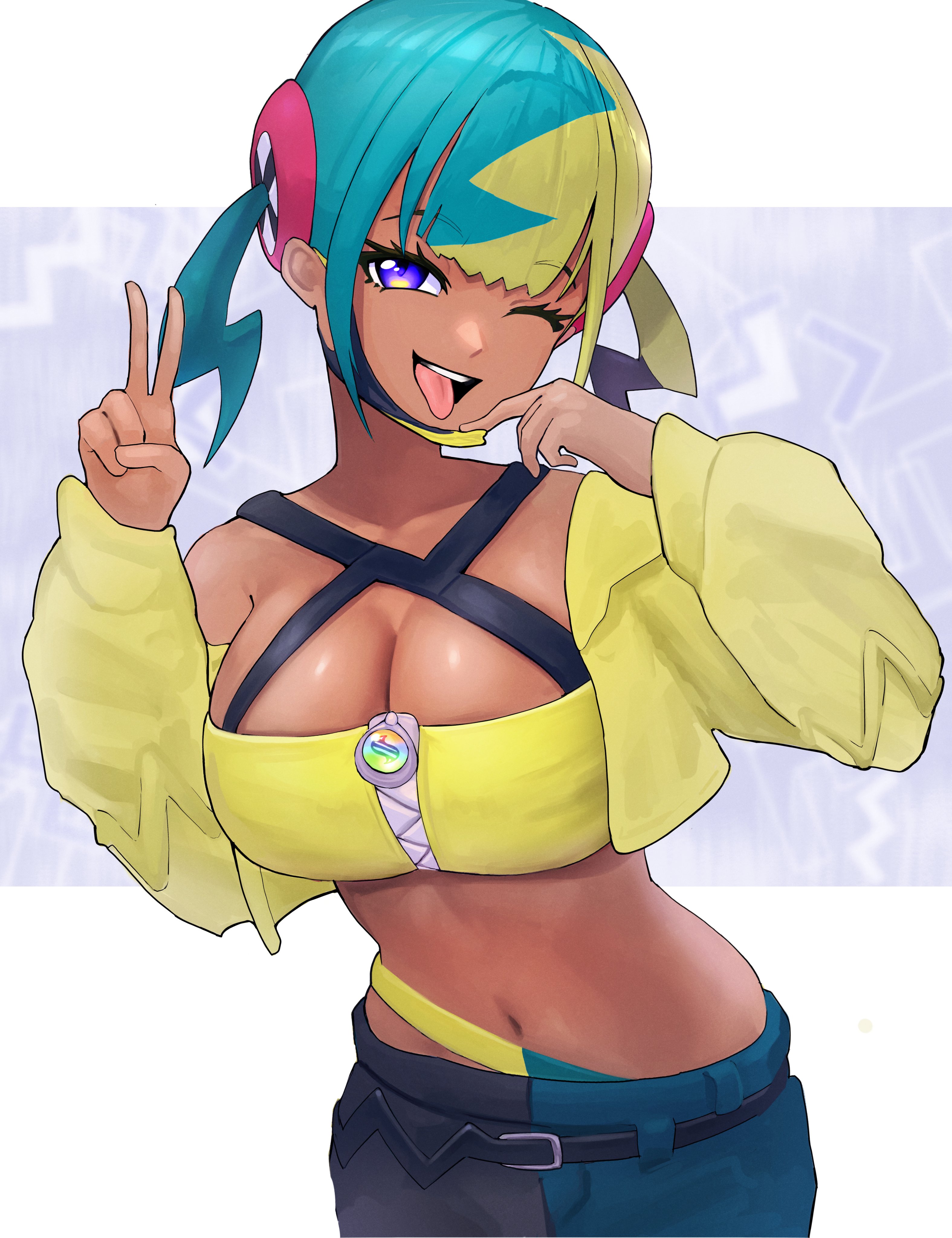 yodokogon, canari (pokemon), nintendo, pokemon, pokemon legends: z-a, absurdres, highres, 1girl, aqua hair, bandeau, belt, black belt, black mask, black pants, blonde hair, blue eyes, blue pants, breasts, cleavage, criss-cross straps, cropped jacket, dark-skinned female, dark skin, jacket, large breasts, long sleeves, looking at viewer, mask, mask pull, mega stone, mouth mask, multicolored hair, navel, one eye closed, open mouth, pants, short twintails, smile, solo, split-color hair, sports bra, teeth, tongue, tongue out, twintails, two-tone hair, two-tone mask, two-tone pants, upper teeth only, v, yellow bandeau, yellow jacket, yellow mask, yellow sports bra