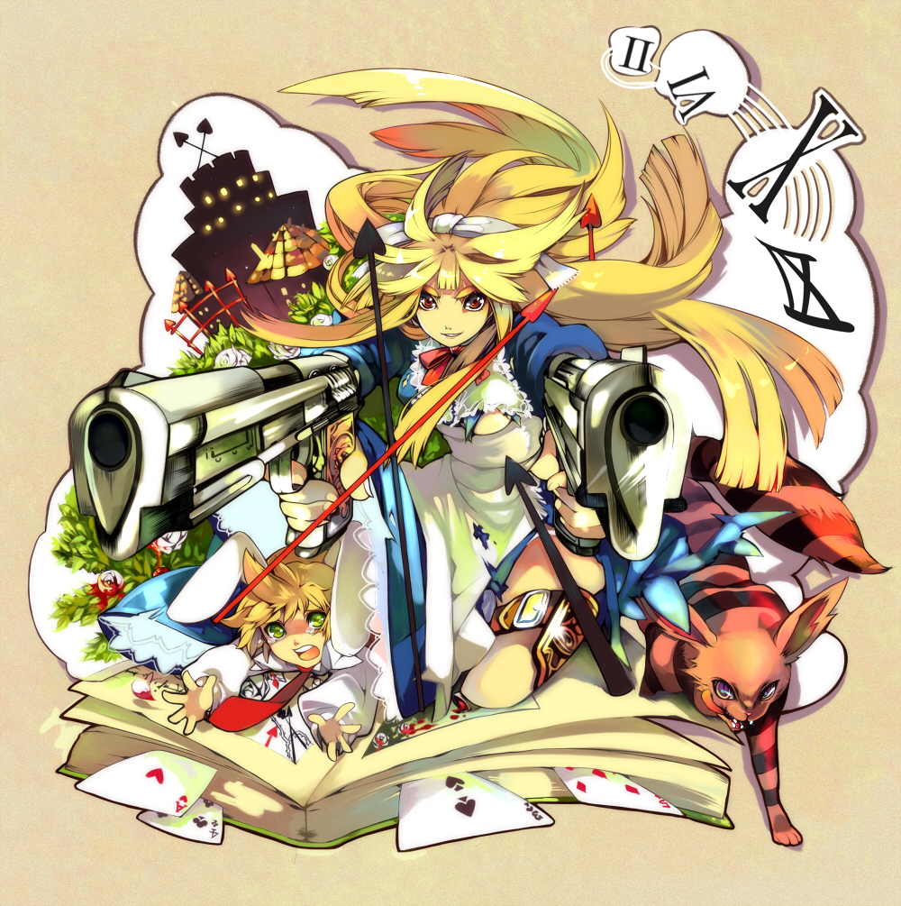 sena (lilium), tenryou sena, alice (alice in wonderland), cheshire cat (alice in wonderland), white rabbit (alice in wonderland), alice's adventures in wonderland, 1boy, 1girl, blonde hair, card, gun, long hair, red eyes, weapon