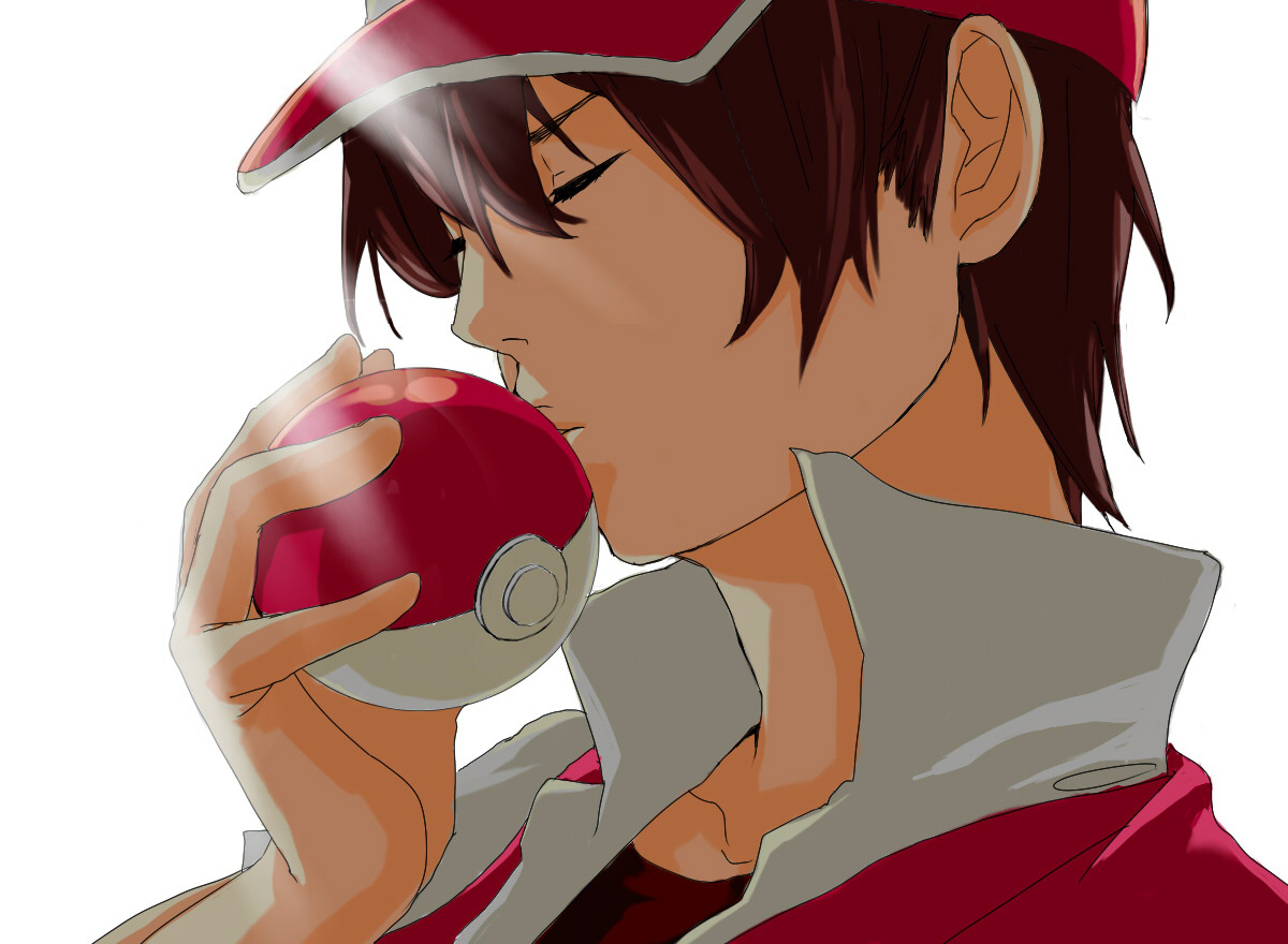 black-hachi, kurohachimitsu, pixiv red, red (pokemon), nintendo, pokemon, bad id, bad pixiv id, 1boy, baseball cap, brown hair, closed eyes, hat, holding, holding poke ball, kiss, male focus, object kiss, poke ball, poke ball (basic), short hair, simple background, solo, sunlight, trucker hat, white background