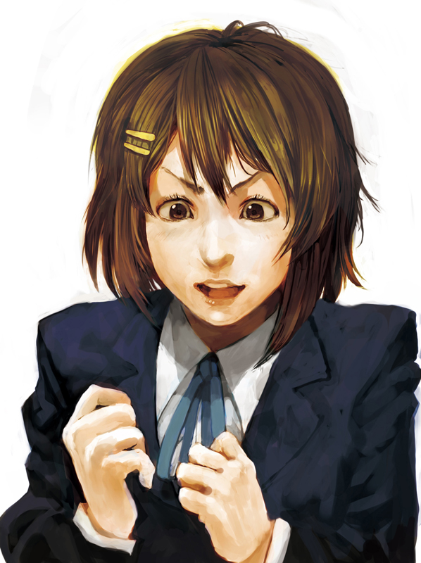 lack, hirasawa yui, k-on!, bad id, bad pixiv id, 00s, 1girl, brown eyes, brown hair, female focus, hair ornament, hairclip, realistic, school uniform, short hair, solo