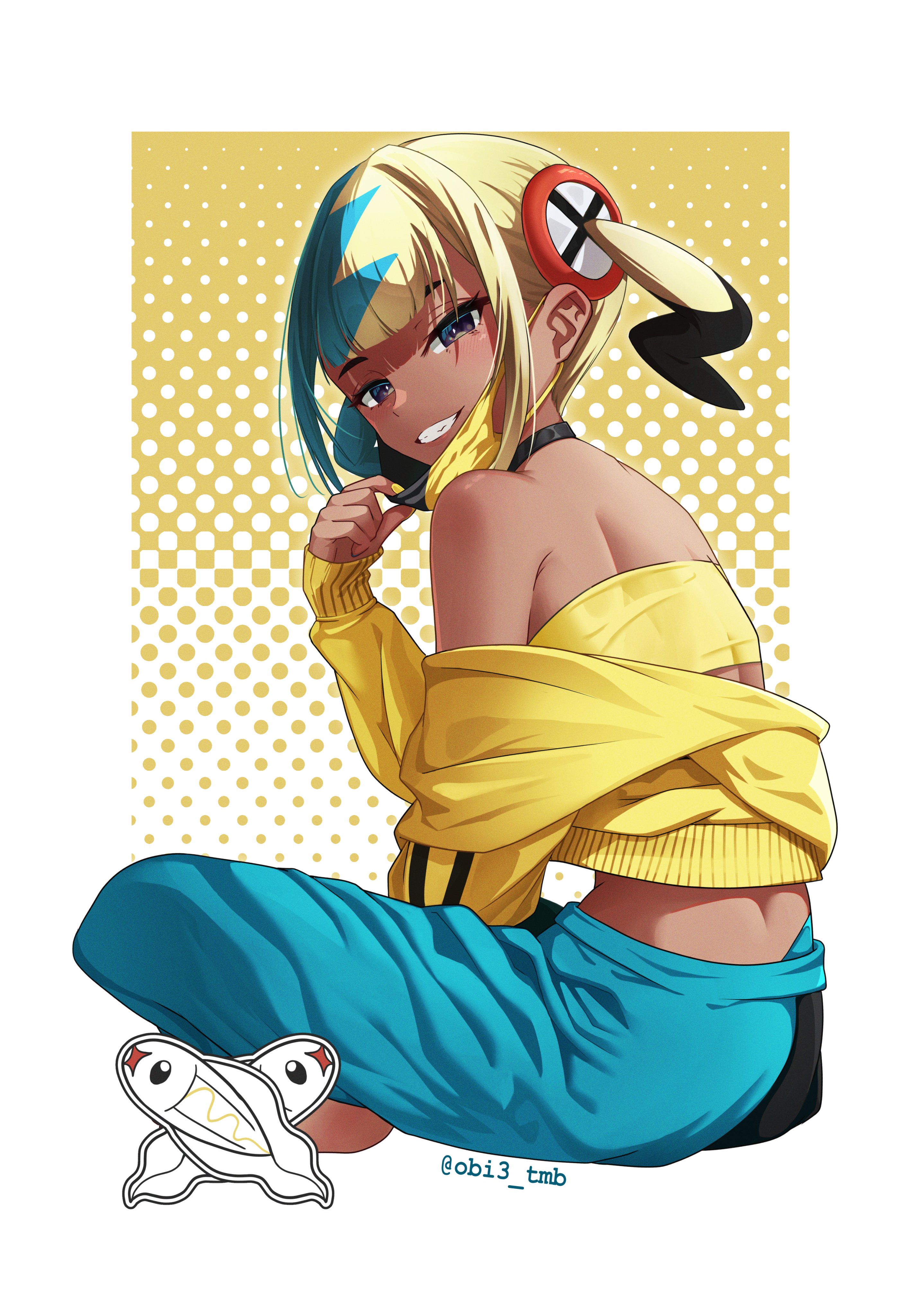 obi3, canari (pokemon), tynamo, nintendo, pokemon, pokemon legends: z-a, absurdres, highres, 1girl, aqua hair, bandeau, bare shoulders, black mask, black pants, blonde hair, blue eyes, blue pants, blush, breasts, crossed legs, dark-skinned female, dark skin, gen 5 pokemon, hair ornament, jacket, long sleeves, looking at another, looking at viewer, mask, mask pull, mouth mask, multicolored hair, off-shoulder jacket, off shoulder, open mouth, pants, short twintails, sitting, smile, split-color hair, sports bra, teeth, twintails, two-tone hair, two-tone mask, two-tone pants, yellow bandeau, yellow jacket, yellow mask, yellow sports bra