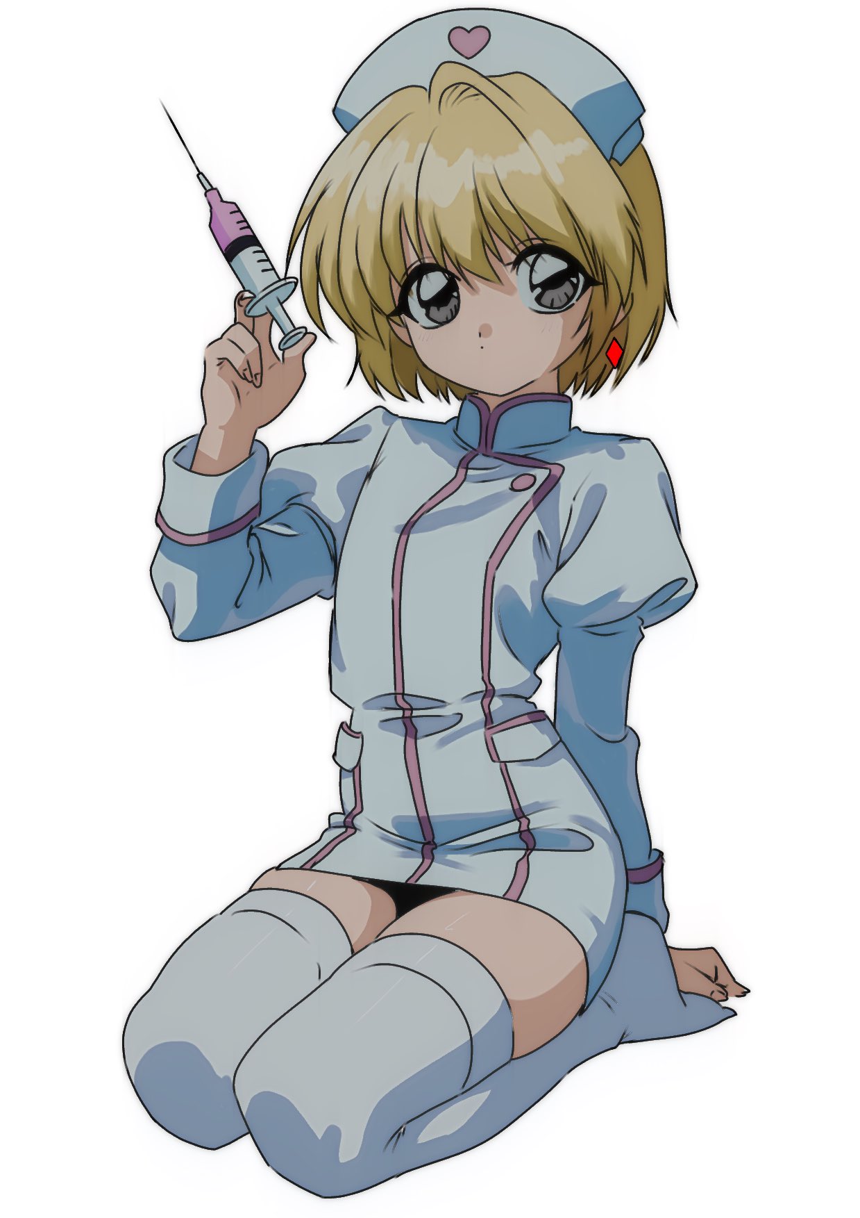 kurapika, hunter x hunter, highres, 1boy, 2000s (style), blonde hair, buttons, closed mouth, crossdressing, crossdressing (mtf), dress, earrings, expressionless, grey eyes, hat, holding, holding syringe, jewelry, juliet sleeves, long sleeves, looking at viewer, male focus, no shoes, nurse, nurse cap, pocket, puffy sleeves, short dress, short hair, simple background, single earring, sitting, solo, syringe, tenkora (kurar hxh), thighhighs, trap, white background, white dress, white hat, white thighhighs, zettai ryouiki