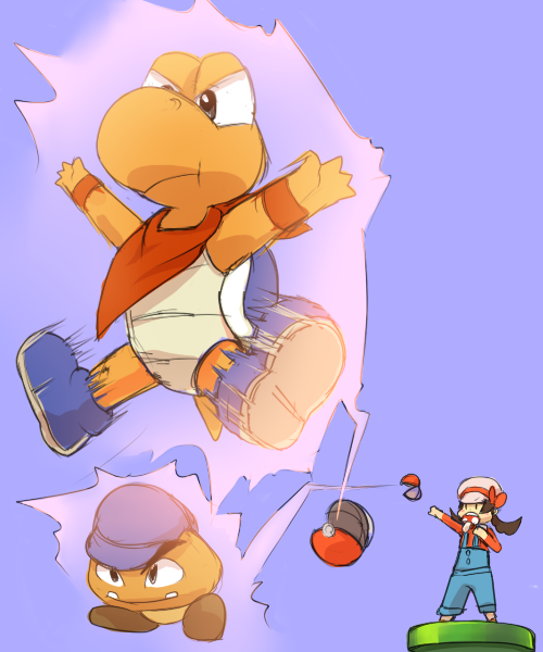 snowatary, goomba, goombario, koopa troopa, kooper, lyra (pokemon), mario (series), nintendo, paper mario, paper mario 64, pokemon, pokemon hgss, bad id, bad pixiv id, 1girl, 2boys, ascot, bandana, blue background, boots, crossover, hat, hat ribbon, multiple boys, mushroom, newsboy cap, open poke ball, overalls, parody, poke ball, poke ball (basic), red ribbon, ribbon, simple background, super mushroom, throwing, throwing poke ball, warp pipe