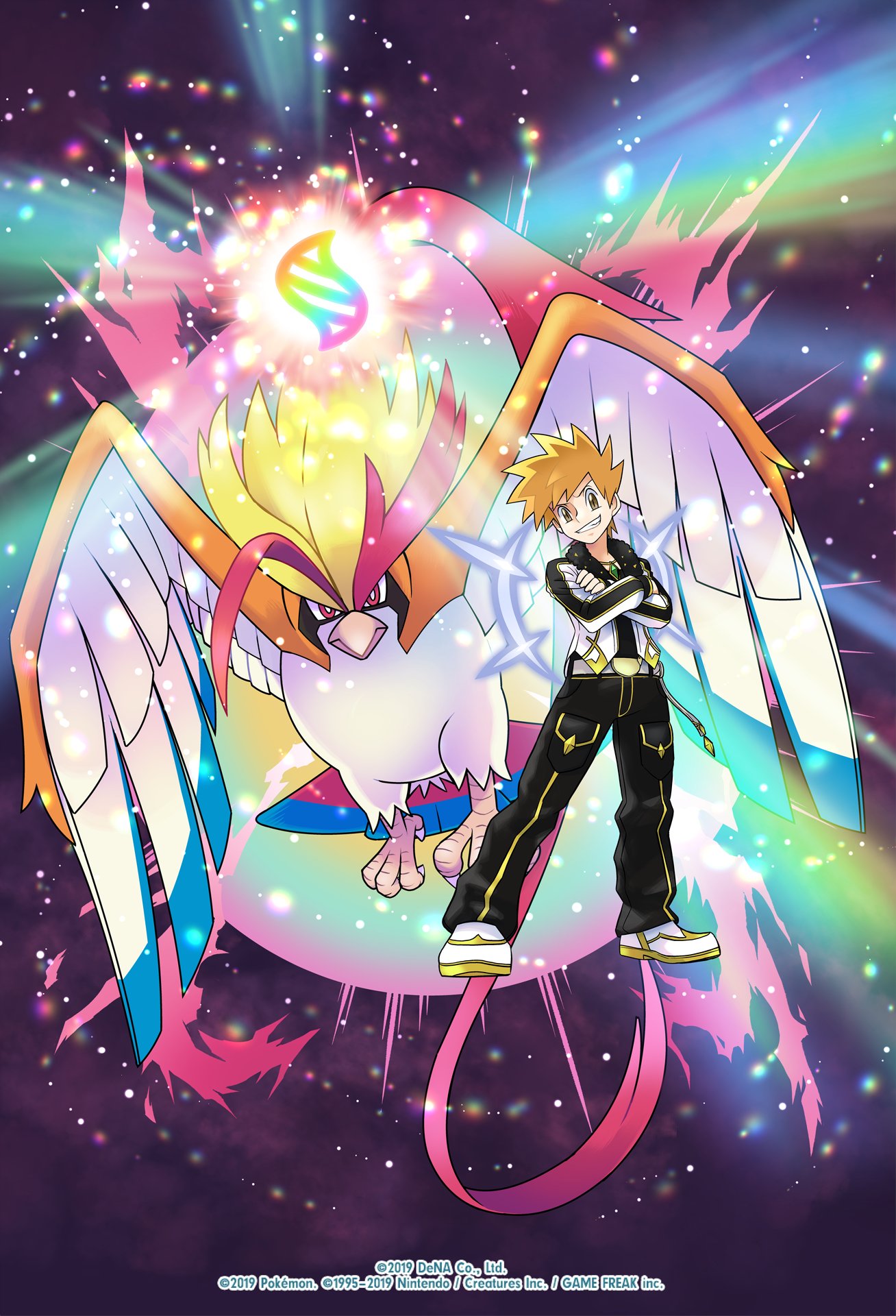 blue oak, mega pidgeot, pidgeot, nintendo, pokemon, pokemon masters ex, highres, official art, 1boy, 1girl, beak, belt, bird, black jacket, black pants, black shirt, brown eyes, brown hair, closed mouth, crossed arms, fur trim, gem, gen 1 pokemon, green gemstone, grin, jacket, jewelry, looking at viewer, mega evolution symbol, mega pokemon, necklace, official alternate costume, open clothes, open jacket, open mouth, pants, pendant, pokemon (creature), red eyes, shirt, shoes, short hair, smile, spiked hair, teeth, white belt, white jacket, wings