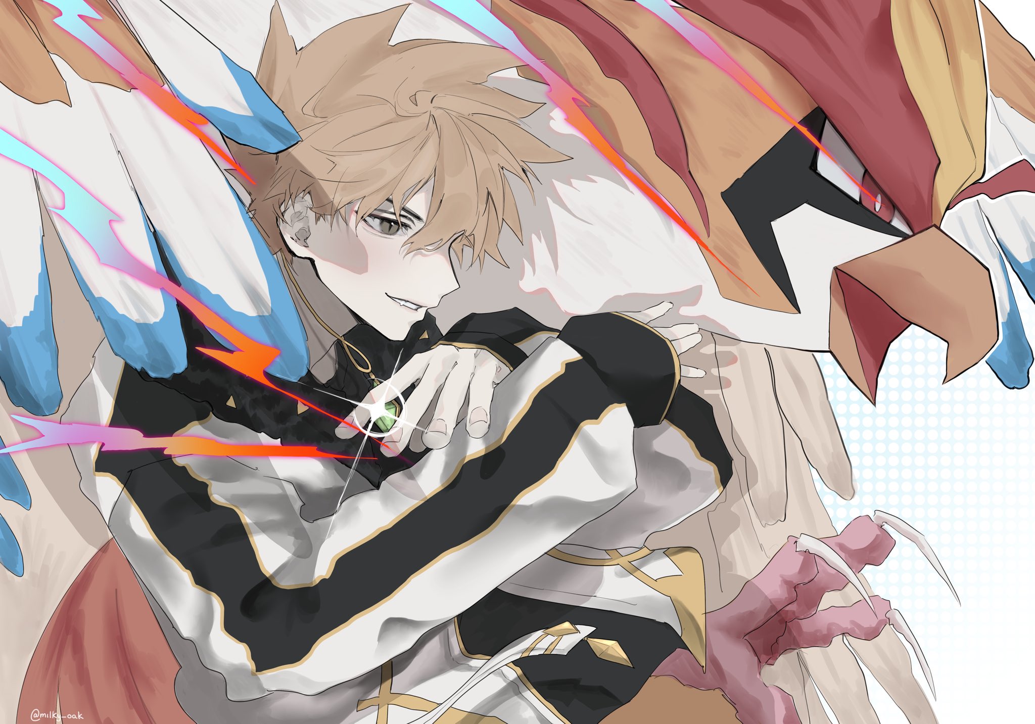 milky oak, blue oak, gary oak, green (pokemon), mega pidgeot, pidgeot, nintendo, pokemon, pokemon masters ex, highres, 1boy, beak, bird, black jacket, black shirt, brown eyes, brown hair, claws, fur trim, gen 1 pokemon, jacket, jewelry, long sleeves, male focus, mega pokemon, necklace, official alternate costume, open clothes, open jacket, open mouth, pokemon (creature), red eyes, shirt, smile, spiked hair, talons, white jacket, wings