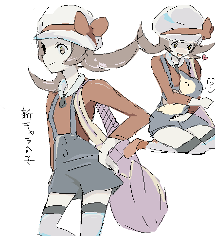 15000gy, reitor, cyndaquil, lyra (pokemon), nintendo, pokemon, pokemon hgss, bad id, bad pixiv id, lowres, 00s, 1girl, bag, brown hair, gen 2 pokemon, hat, hat ribbon, heart, hug, kneeling, messenger bag, newsboy cap, oekaki, overalls, pokemon (creature), red ribbon, ribbon, short twintails, shoulder bag, socks, thighhighs, twintails