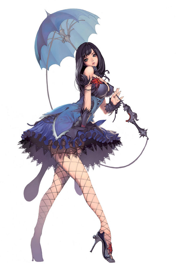 kim hyung tae, clare setilan, magna carta, magna carta 2, black hair, breasts, dress, fishnets, high heels, long hair, shoes, umbrella