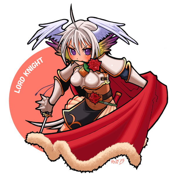lord knight (ragnarok online), ragnarok online, commentary request, 1girl, 2000s (style), 2009, ahoge, armor, belt, black belt, blush, boobplate, breastplate, brown skirt, cape, character name, closed mouth, cowboy shot, cross, cross of prontera, feathered wings, flower, flower in mouth, fur-trimmed cape, fur trim, grey hair, grey wings, head wings, holding, holding sword, holding weapon, looking at viewer, pauldrons, pleated skirt, purple eyes, purple wings, red cape, red flower, red rose, rose, ryuu (5lden age), short hair, shoulder armor, simple background, skirt, smile, solo, spiked gauntlets, sword, v-shaped eyebrows, weapon, white background, wings