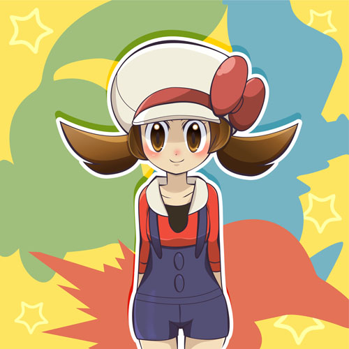 replica-7110, chikorita, cyndaquil, lyra (pokemon), totodile, nintendo, pokemon, pokemon hgss, bad id, bad pixiv id, lowres, 00s, 1girl, brown eyes, brown hair, female focus, gen 2 pokemon, hat, hat ribbon, newsboy cap, overalls, pokemon (creature), red ribbon, ribbon, short twintails, silhouette, smile, solo, star (symbol), starter pokemon trio, twintails