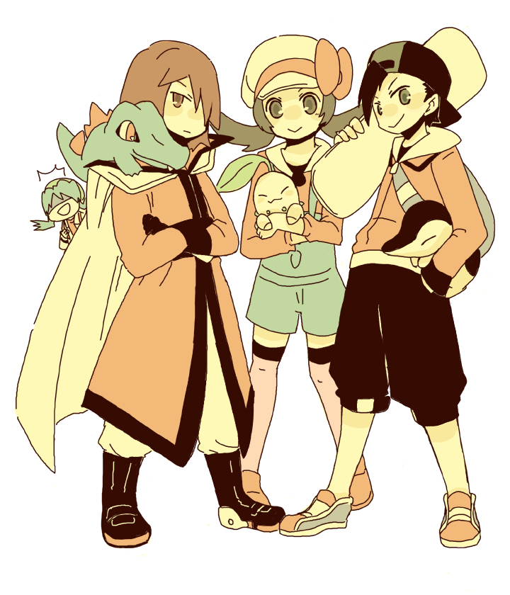 hundred1, tsukumoya hajime, chikorita, cyndaquil, ethan (pokemon), kris (pokemon), lyra (pokemon), silver (pokemon), totodile, nintendo, pokemon, pokemon gsc, pokemon hgss, 00s, 1990s (style), 1girl, 2boys, ^^^, adapted costume, alternate costume, baseball cap, gen 2 pokemon, hat, hat ribbon, kneehighs, multiple boys, newsboy cap, pokemon (creature), red ribbon, retro artstyle, ribbon, short twintails, skateboard, socks, starter pokemon trio, thighhighs, twintails