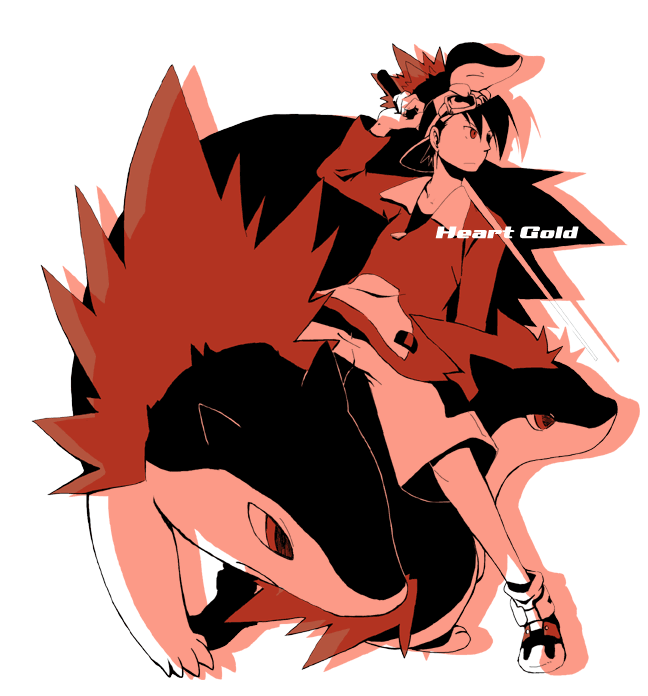 hundred1, tsukumoya hajime, cyndaquil, ethan (pokemon), ethan (pokemon) (classic), quilava, typhlosion, nintendo, pokemon, pokemon adventures, pokemon gsc, 1990s (style), 1boy, baseball cap, copyright name, cue stick, evolutionary line, gen 2 pokemon, goggles, hat, male focus, pokemon (creature), retro artstyle, shoes, shorts, sneakers