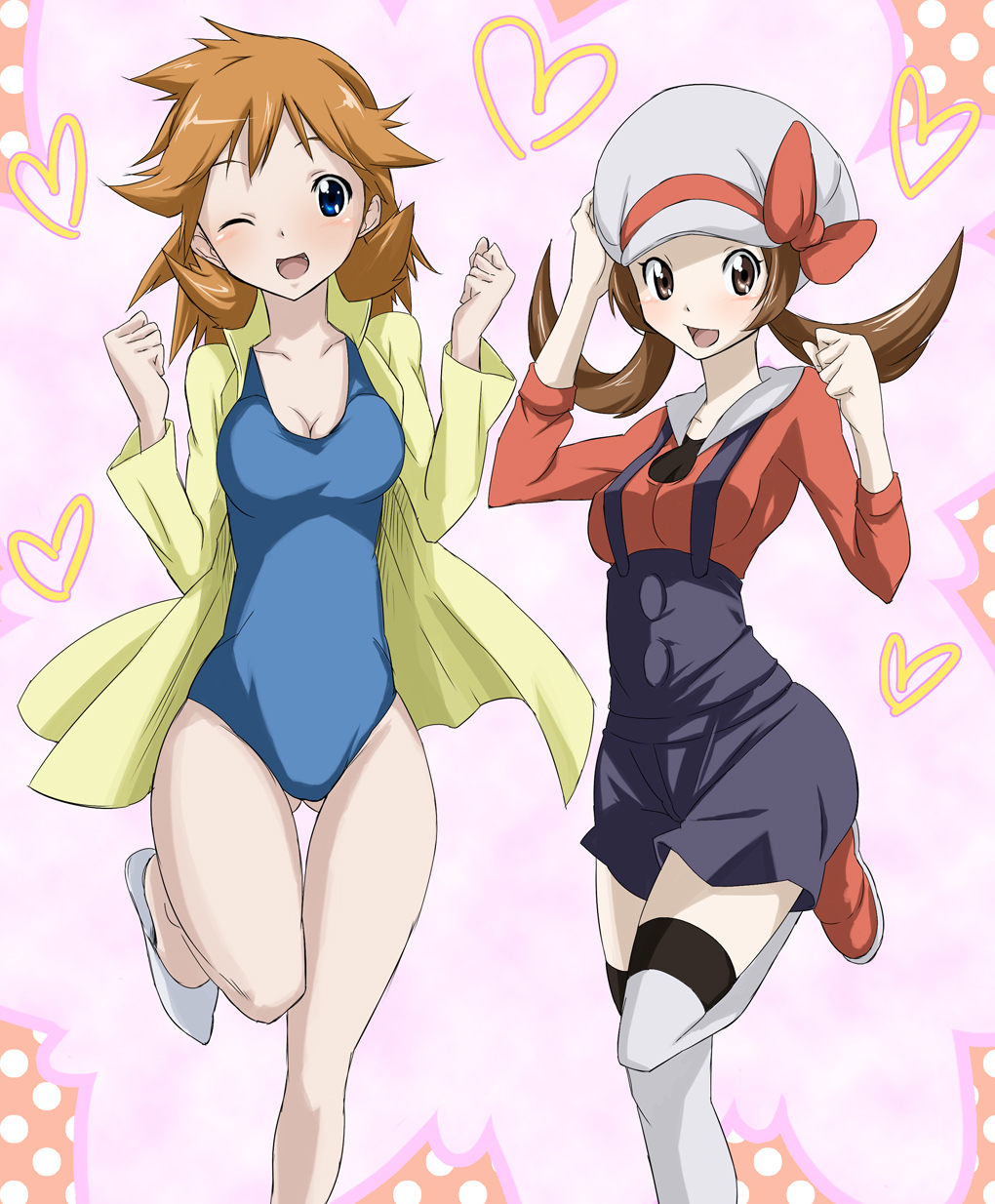 toru k, lyra (pokemon), misty (pokemon), nintendo, pokemon, pokemon hgss, bad id, bad pixiv id, highres, 00s, 2girls, adapted costume, aged up, blue eyes, blush, breasts, brown eyes, brown hair, cleavage, competition swimsuit, dress shirt, gym leader, happy, hat, hat ribbon, heart, large breasts, medium breasts, multiple girls, newsboy cap, one-piece swimsuit, one eye closed, orange hair, overalls, red ribbon, ribbon, shirt, short twintails, smile, socks, spiked hair, standing, standing on one leg, swimsuit, thigh gap, thighhighs, thighs, twintails, wink