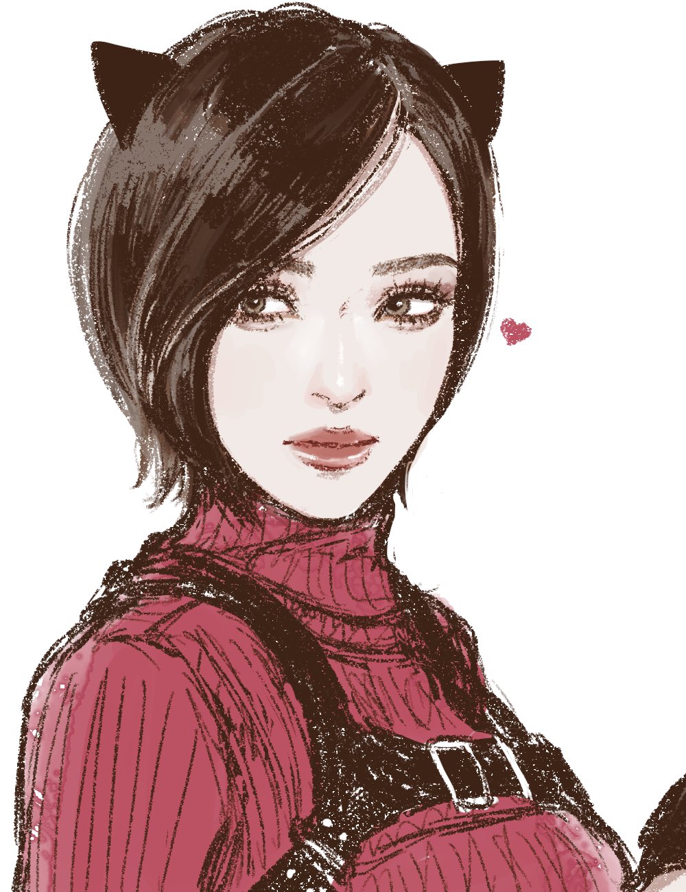 ada wong, resident evil, resident evil 4, resident evil 4 (remake), highres, 1girl, animal ears, black hair, breasts, cat ears, cat girl, chest harness, dress, grey eyes, harness, illust2222, kemonomimi mode, medium breasts, pale skin, red dress, red lips, short hair, solo, sweater, sweater dress, swept bangs, turtleneck, turtleneck dress, turtleneck sweater, upper body, white background