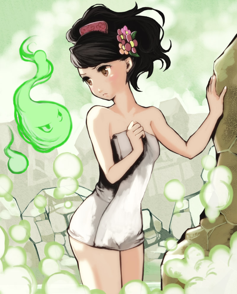 miso katsu, izuna jinkuro, jinkuro, momohime, oboro muramasa, vanillaware, bad id, bad pixiv id, 1girl, bare shoulders, bath, black hair, brown eyes, comb, flower, hair flower, hair ornament, hitodama, naked towel, onsen, short hair, towel