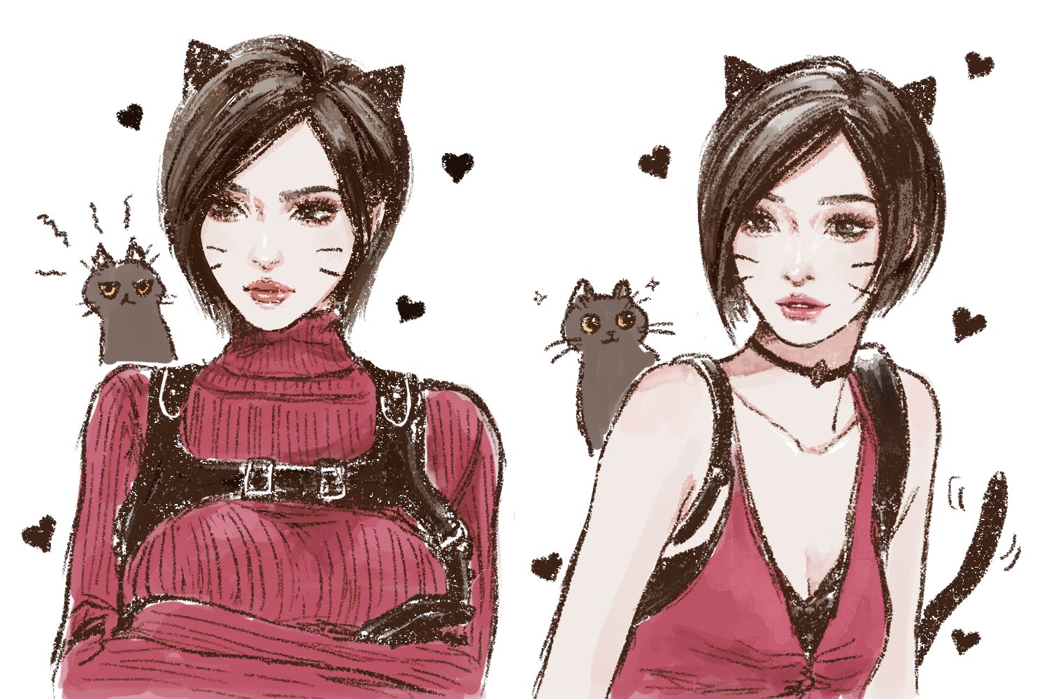 ada wong, resident evil, resident evil 2, resident evil 2 (remake), resident evil 4, resident evil 4 (remake), 1girl, animal ears, bare shoulders, black choker, black hair, breasts, cat, cat ears, cat girl, cat tail, chest harness, choker, cleavage, closed mouth, crossed arms, dress, facial mark, furrowed brow, harness, illust2222, kemonomimi mode, light smile, medium breasts, multiple views, parted lips, red dress, red lips, short hair, sleeveless, sleeveless dress, sweater, sweater dress, swept bangs, tail, tail wagging, turtleneck, turtleneck dress, turtleneck sweater, upper body, whisker markings