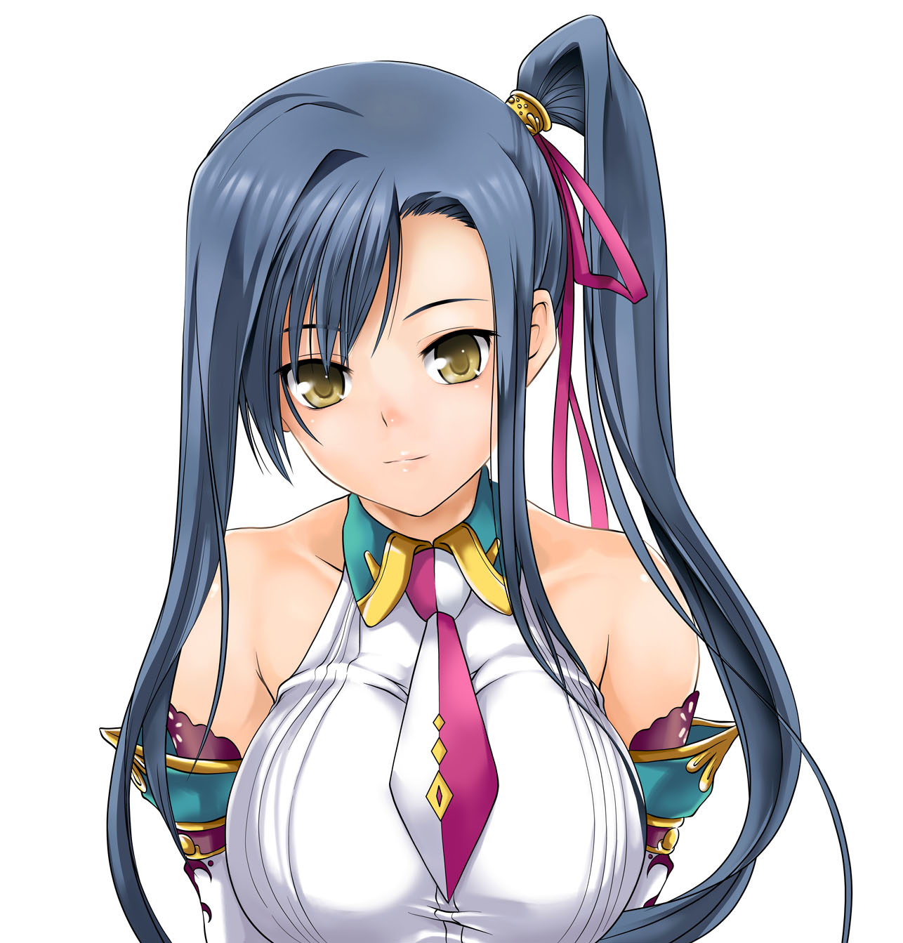 soba (saz), kan'u (koihime musou), koihime musou, highres, 00s, 1girl, bare shoulders, blue hair, breasts, female focus, large breasts, long hair, ponytail, simple background, solo, very long hair, white background, yellow eyes