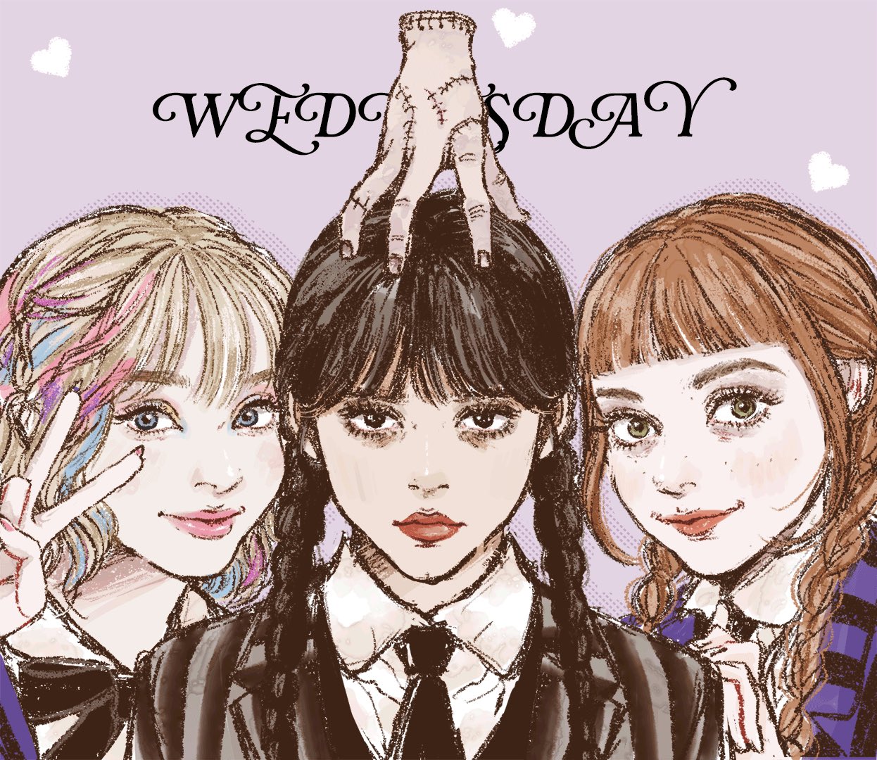 agnes demille, enid sinclair, thing (the addams family), wednesday addams, the addams family, wednesday (netflix), 1other, 3girls, black bow, black bowtie, black hair, black jacket, black necktie, blonde hair, blue jacket, bow, bowtie, braid, brown hair, character name, closed mouth, collared shirt, copyright name, disembodied hand, freckles, hand on another's head, illust2222, jacket, long hair, medium hair, multicolored hair, multiple girls, necktie, pink lips, purple background, red lips, shirt, smile, stitched hand, streaked hair, striped clothes, striped jacket, twin braids, upper body, v, wavy hair, white shirt