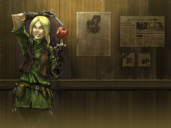 oropi, judeau (berserk), berserk, 1990s (style), 1boy, apple, balancing, belt, blonde hair, fingerless gloves, food, fruit, gloves, green eyes, judo, knife, male focus, martial arts belt, newspaper, retro artstyle, smile, solo