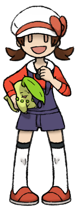 hari (kureon), chikorita, lyra (pokemon), nintendo, pokemon, pokemon hgss, 00s, 1girl, brown hair, full body, gen 2 pokemon, hat, hat ribbon, holding, kneehighs, newsboy cap, overalls, pokemon (creature), red ribbon, ribbon, short twintails, socks, standing, thighhighs, transparent background, twintails