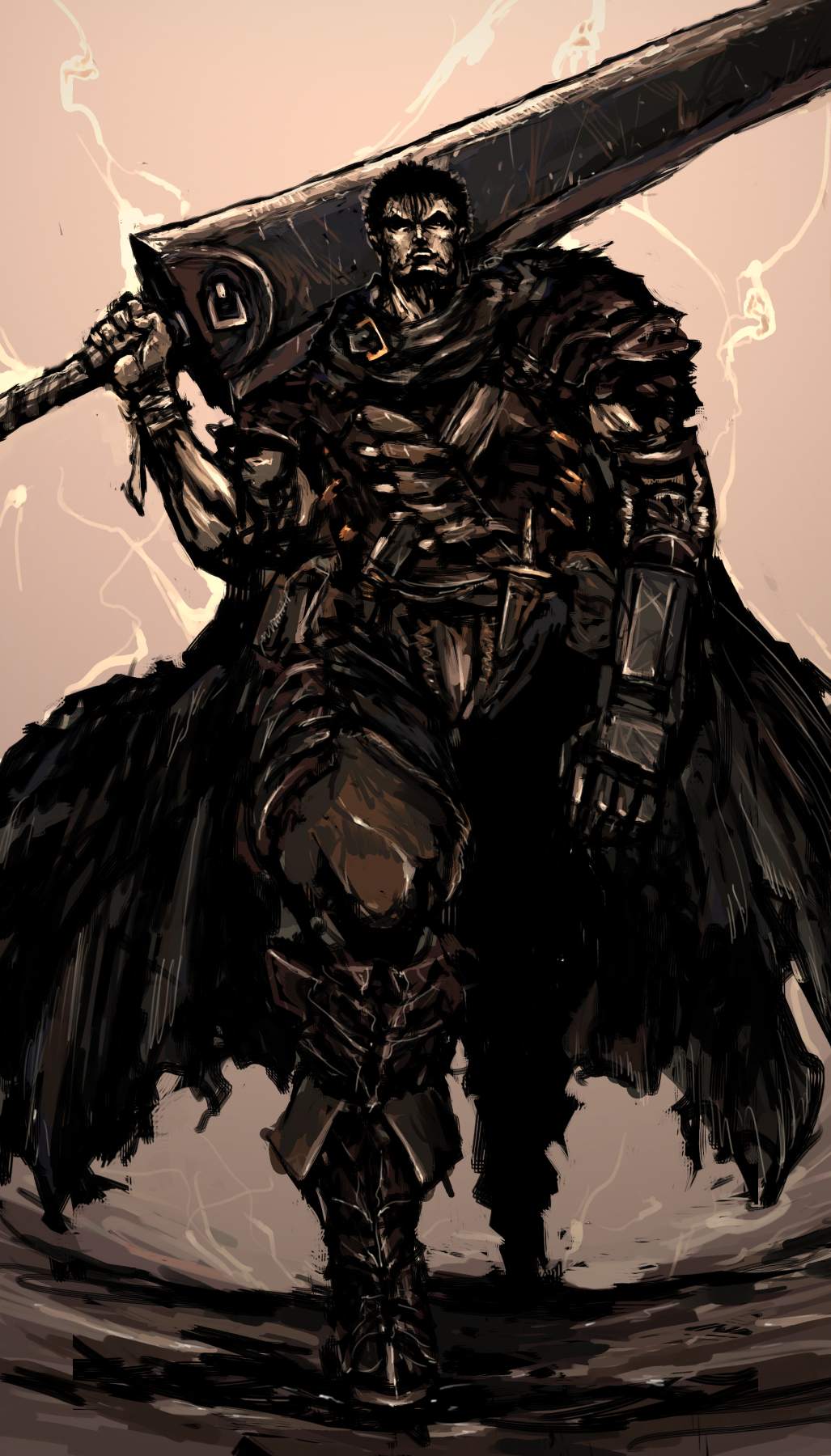 moto murabito, guts (berserk), berserk, highres, traditional media, 1990s (style), 1boy, armor, belt, black hair, boots, dragonslayer (sword), huge weapon, knife, male focus, manly, muscular, solo, sword, weapon