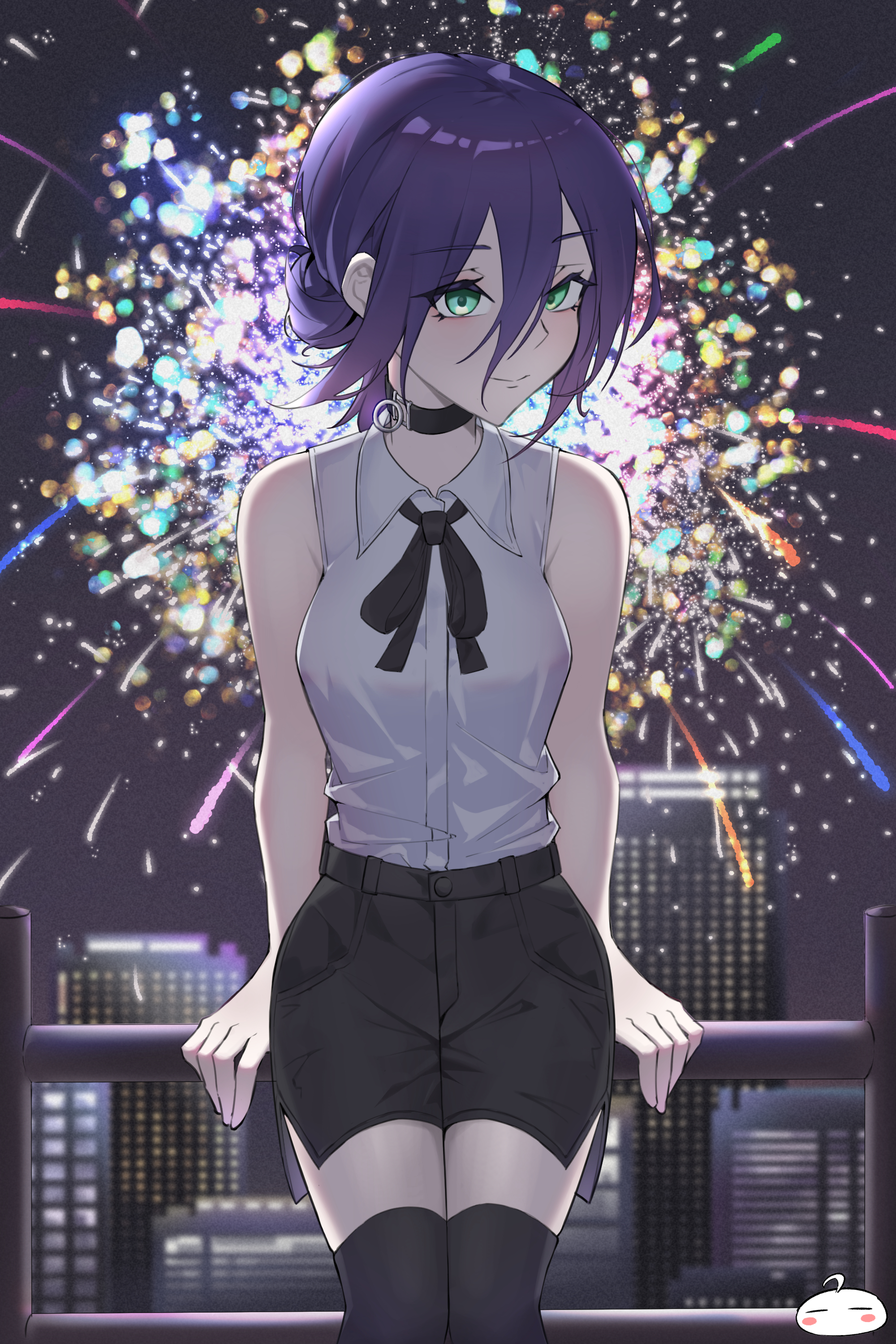 reze (chainsaw man), chainsaw man, absurdres, highres, 1girl, aerial fireworks, black choker, black ribbon, black shorts, black thighhighs, choker, city, closed mouth, collared shirt, fireworks, green eyes, grenade pin, hair between eyes, hair bun, looking at viewer, neck ribbon, night, purple hair, rain coke05, ribbon, shirt, shorts, sleeveless, sleeveless shirt, solo, thighhighs, white shirt