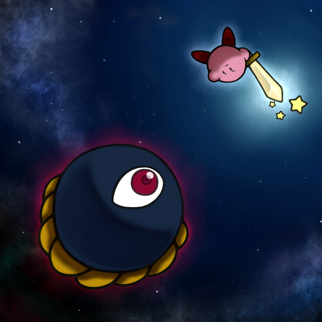 hari (kureon), dark matter (kirby), kirby, kirby's dream land 2, kirby (series), nintendo, eyeball, glowing, night, space, star (symbol), sword, upside-down, weapon