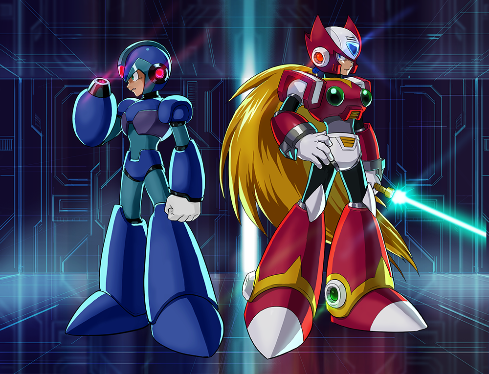 hoshi mikan, x (mega man), zero (mega man), mega man (series), mega man x (series), commentary request, 2boys, android, arm cannon, armor, blonde hair, blue armor, blue bodysuit, blue boots, blue eyes, blue helmet, bodysuit, boots, clenched hand, closed mouth, cyberspace, energy sword, gloves, green eyes, hand on own hip, helmet, holding, holding sword, holding weapon, long hair, looking at viewer, looking to the side, male focus, multiple boys, ponytail, red armor, red boots, red helmet, robot ears, serious, shoulder armor, standing, sword, very long hair, weapon, white gloves, z saber