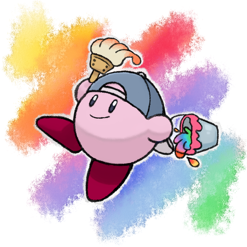 hari (kureon), kirby, paint kirby, kirby (series), nintendo, baseball cap, bucket, hat, no humans, paint, paintbrush, rainbow, rainbow background, smile, solo, trim brush