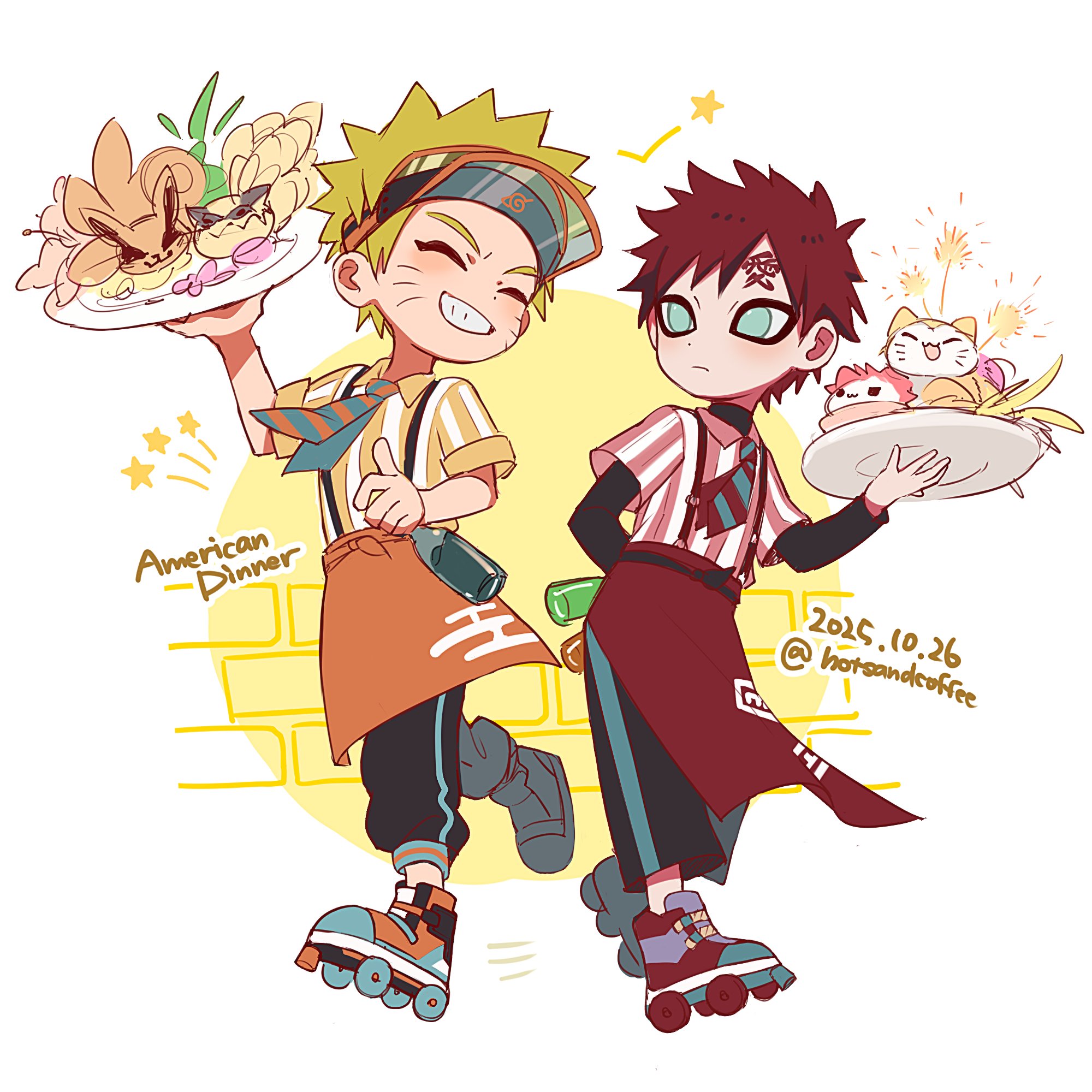 gaara (naruto), uzumaki naruto, naruto (series), highres, 2boys, apron, aqua eyes, arm behind back, black pants, black shirt, blonde hair, bottle, brick wall, closed eyes, collared shirt, dated, facial mark, fireworks, full body, grin, holding, holding bottle, holding plate, hotsandcoffee, kitsune, kyuubi, looking at another, male focus, multiple boys, multiple tails, necktie, no eyebrows, orange apron, pants, plate, red apron, red eyes, roller skates, scar, scar on face, shirt, shirt under shirt, short hair, skates, smile, sparkler, spiked hair, striped clothes, striped necktie, striped shirt, tail, teeth, twitter username, visor cap, waist apron, whisker markings